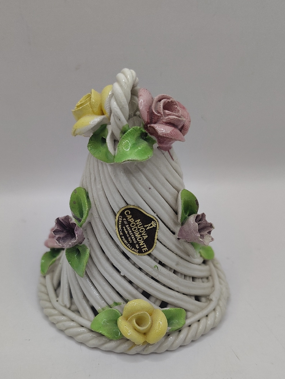 Vintage Nuova Capodimonte White Ceramic Bell with Pastel Roses And Florals 4"